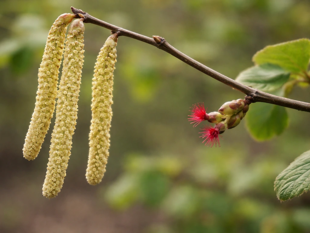 Close-up of hazelnut branches with male catkins and nearby female flowers in soft natural light