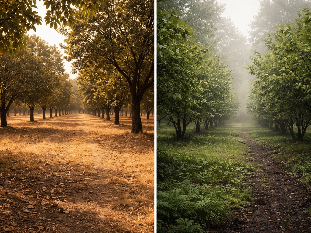 Two contrasting landscapes side by side: hot Southern pecan orchard and cool Pacific Northwest hazelnut grove.
