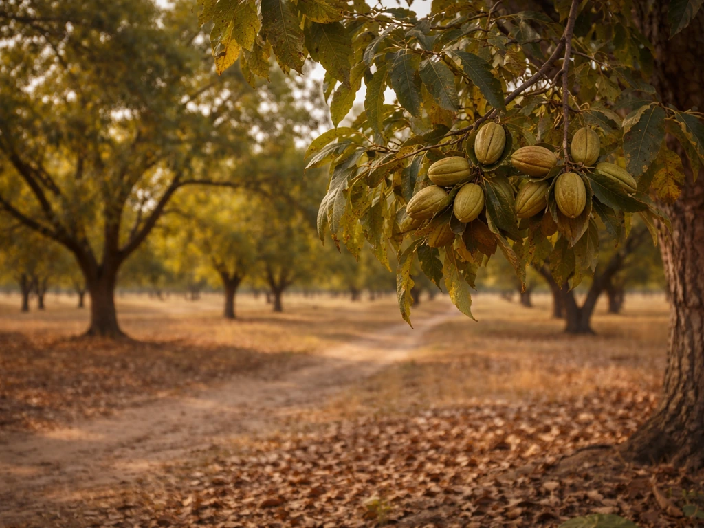Pecan orchard in autumn with low branches heavy with developing pecans in husks