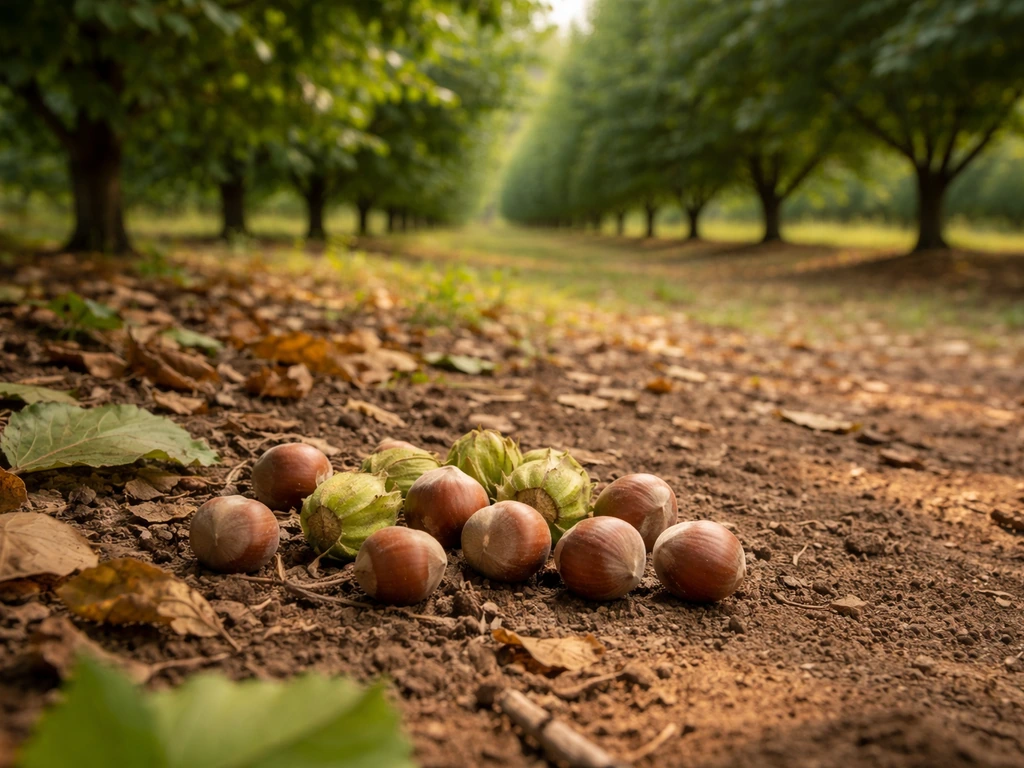 Close field-level view of hazelnut orchard rows with harvested hazelnuts on the ground under leaves.