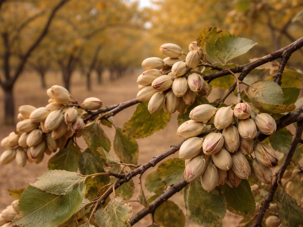Pistachio branches with unopened in-shell pistachios in warm fall light against a blurred orchard background.