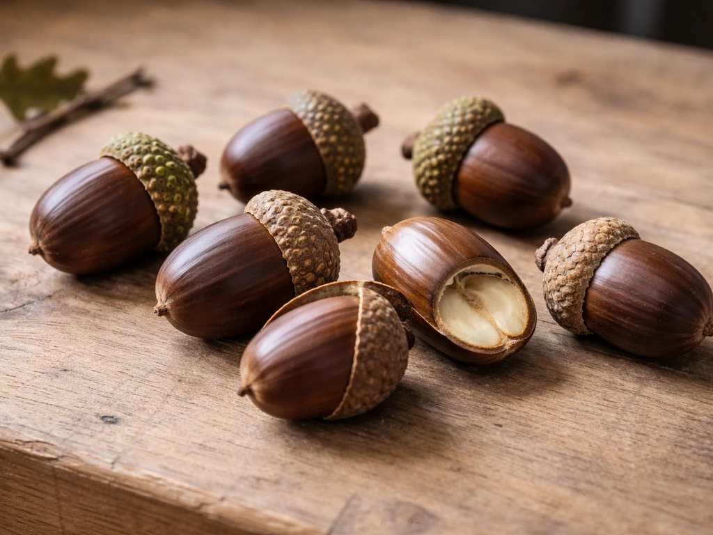 Close-up acorns with intact caps and shells on a simple wooden workbench for inspection.