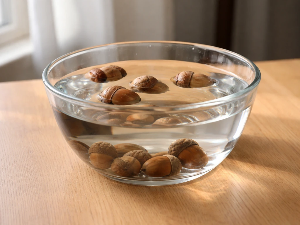 Clear bowl of water with acorns floating near the surface and sinkers at the bottom