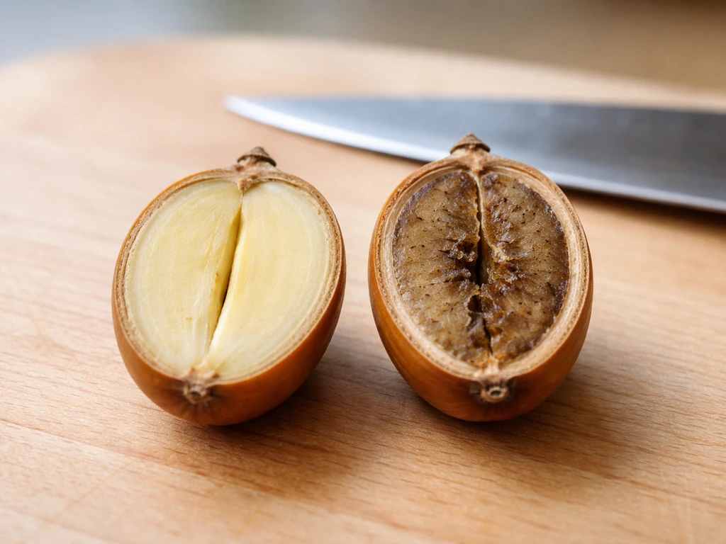 Two acorns cut lengthwise showing pale-yellow firm cotyledon vs dark soft interior.