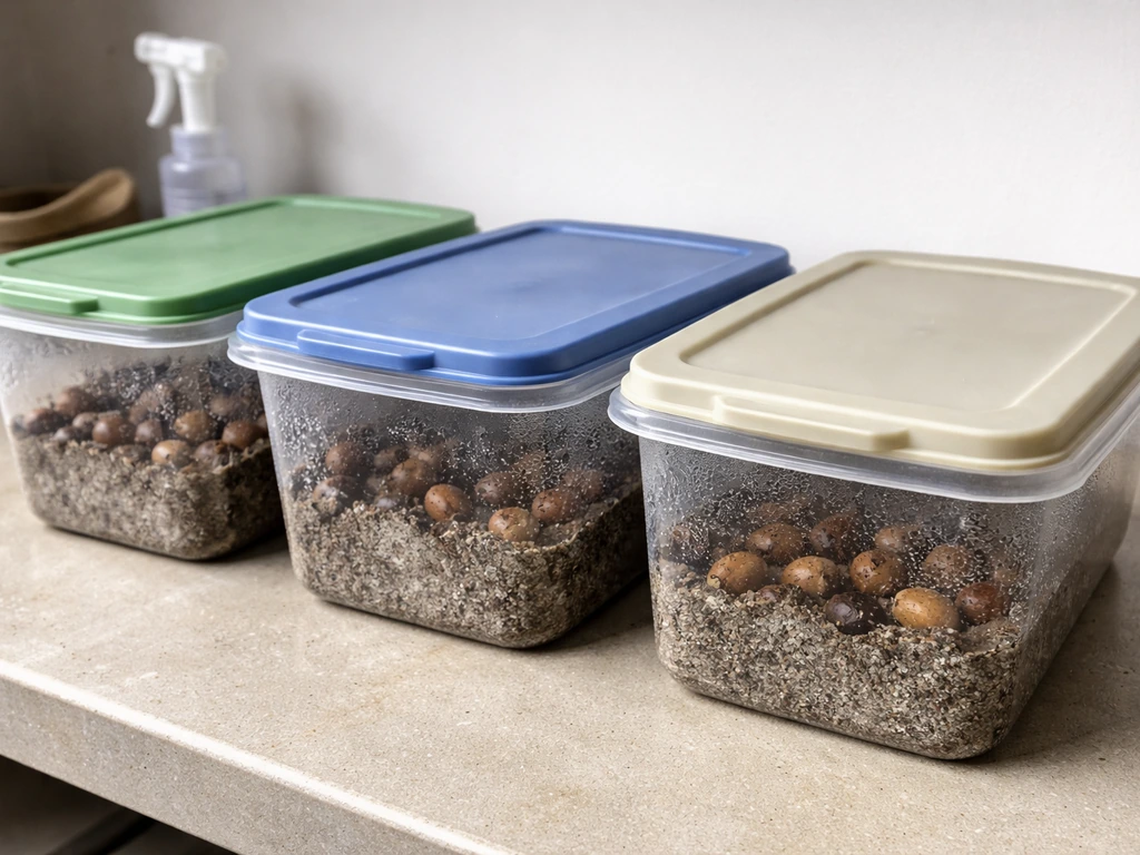 Plastic containers with moistened peat-sand and mixed acorns, covered and ready for cold stratification.