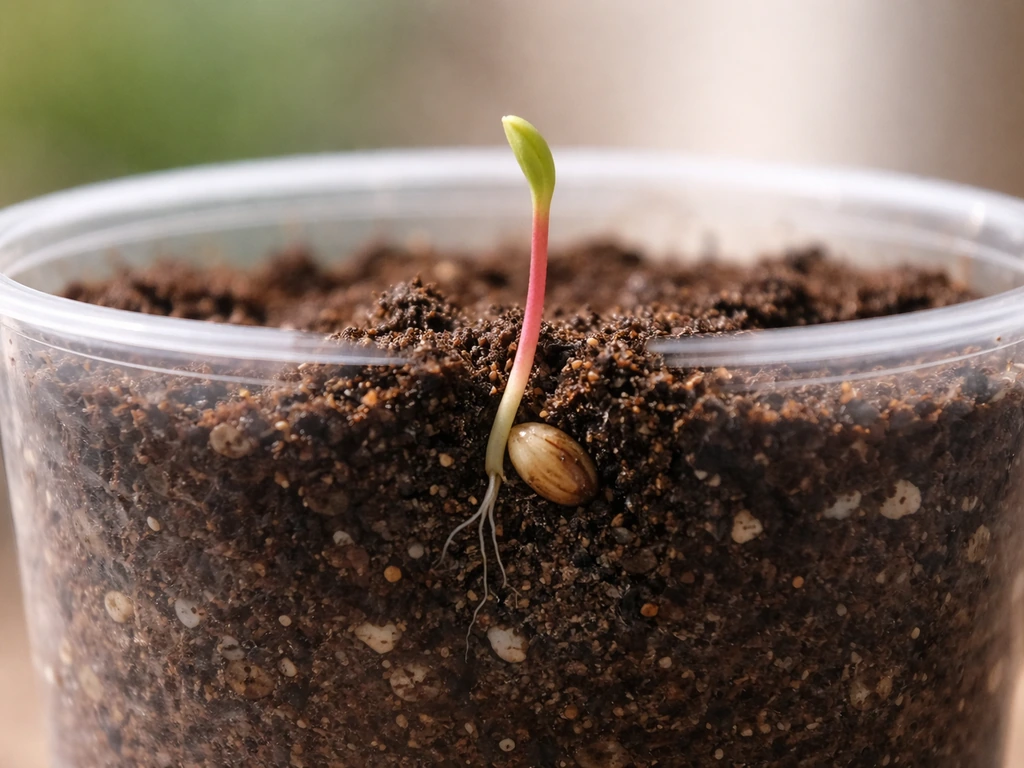 Close-up of a sprouting seed in a transparent container with a tiny radicle and an above-soil shoot.