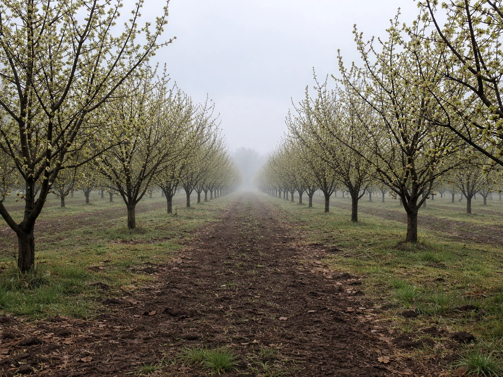 Winter-to-spring hazelnut orchard in Australia with rows of trees and hazelnuts on branches