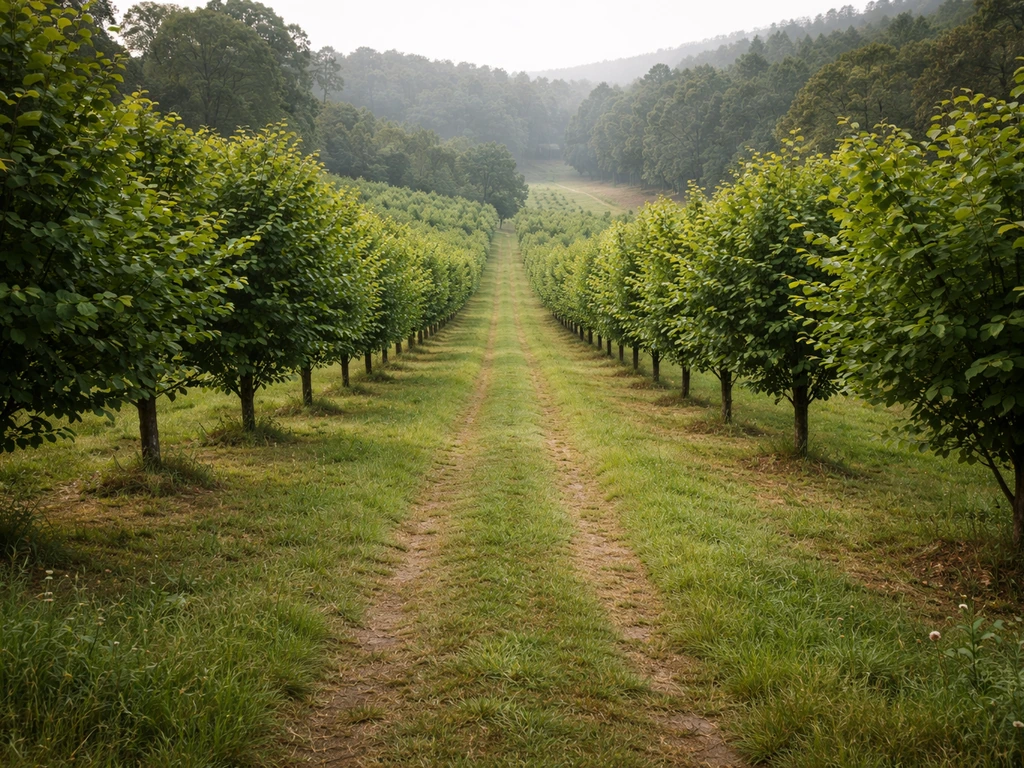 Tasmanian hazelnut orchard rows on rolling hills with misty temperate greenery.
