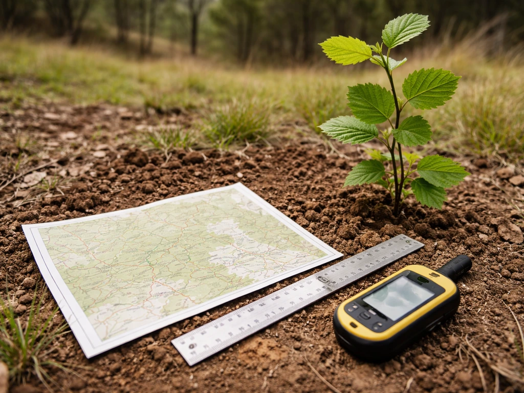 Map, ruler and GPS on the ground beside a hazelnut sapling, showing a local site check for conditions.