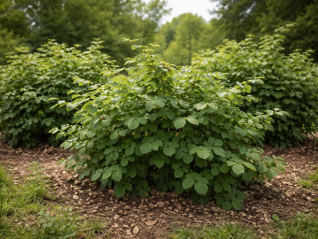 Several bushy hazelnut shrubs with leafy branches and small nuts in a simple garden landscape.