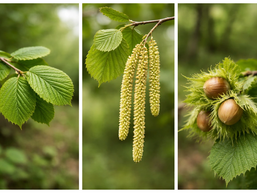 Close-up of hazelnut shrub leaves, catkins, and husked nuts in natural light