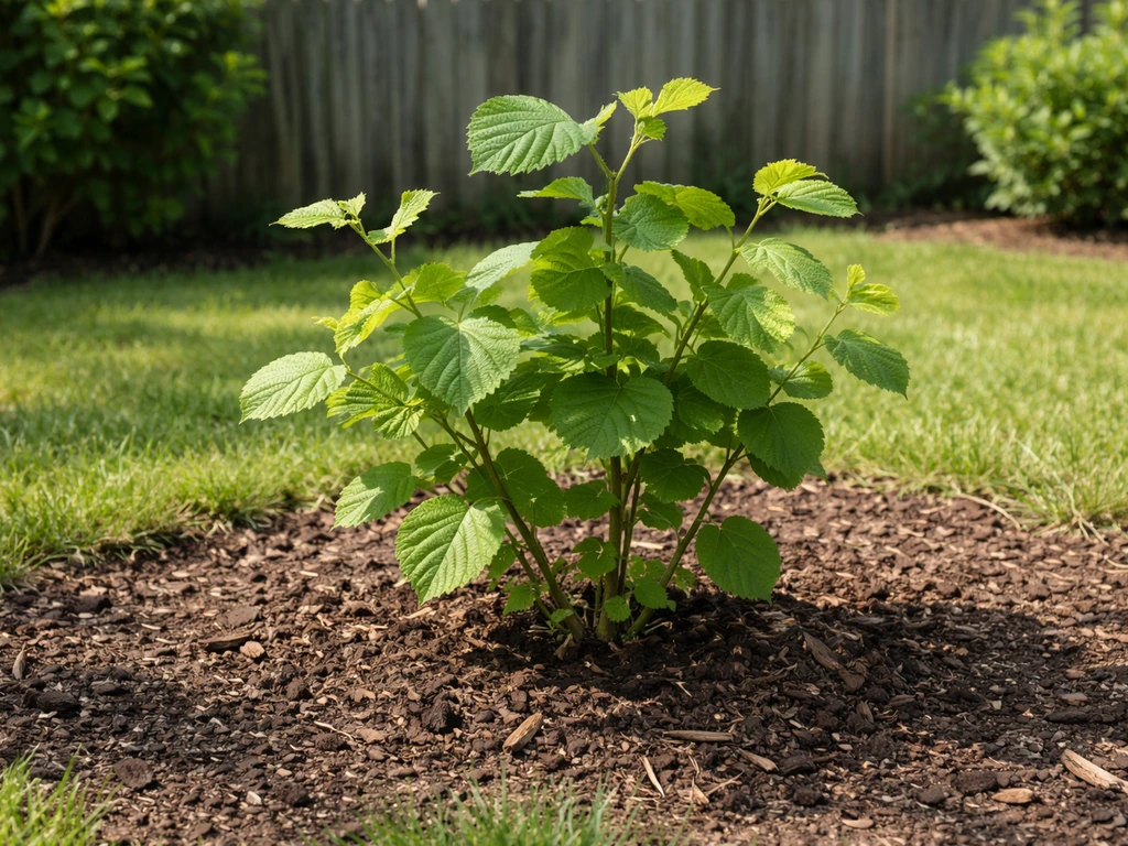 A healthy hazelnut shrub in a sunny garden bed with dark soil and mulch around the base.