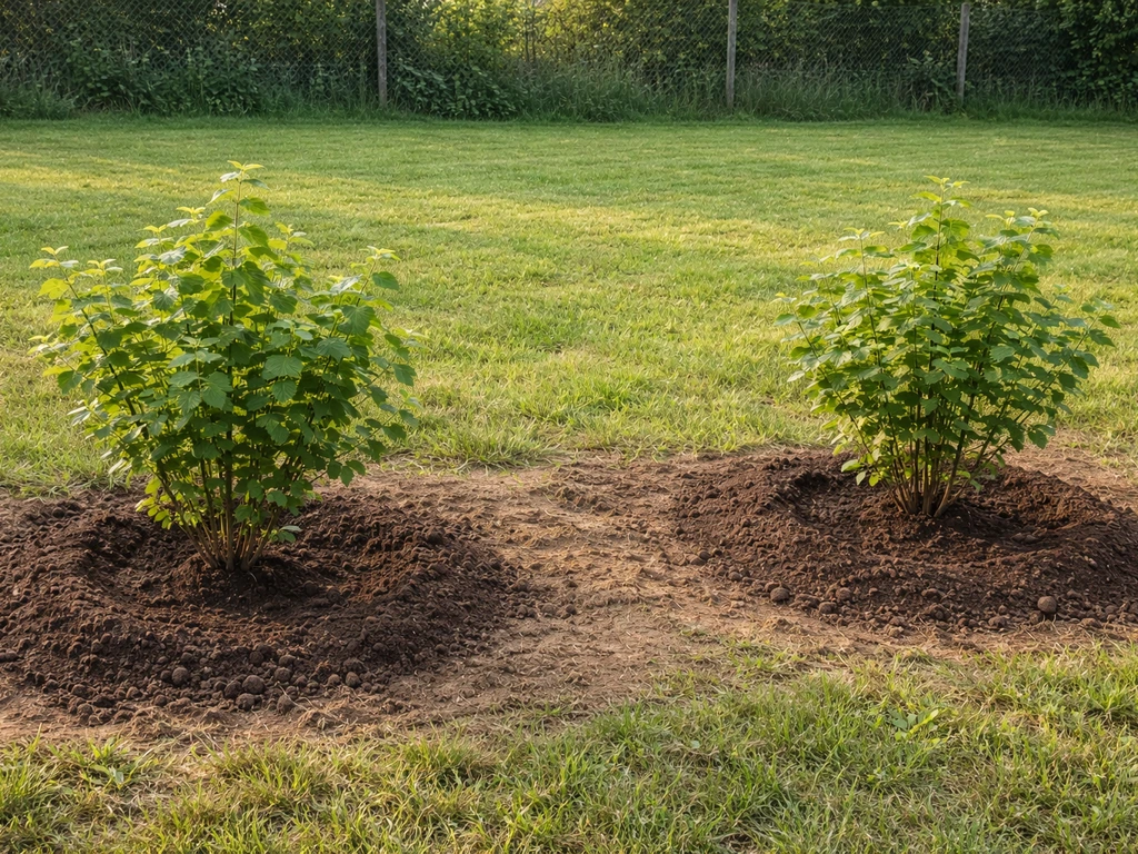 Two small hazelnut shrubs spaced apart in a simple garden bed for cross-pollination.