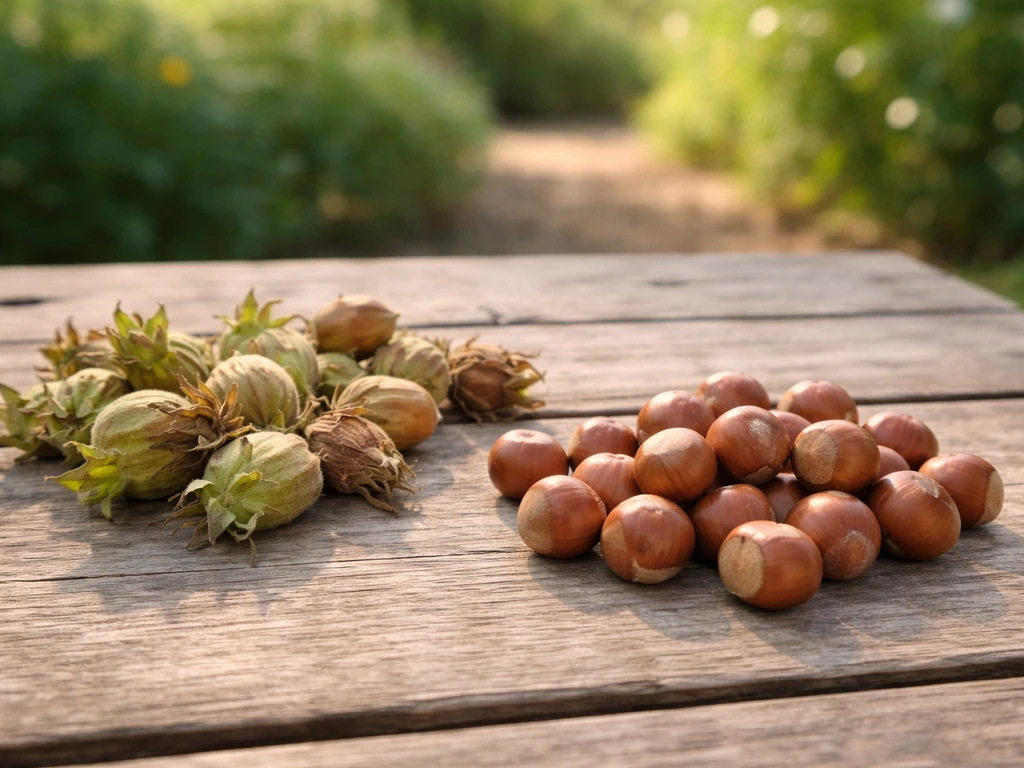 Fresh hazelnuts, with husks nearby and a small pile of cleaned nuts ready to use