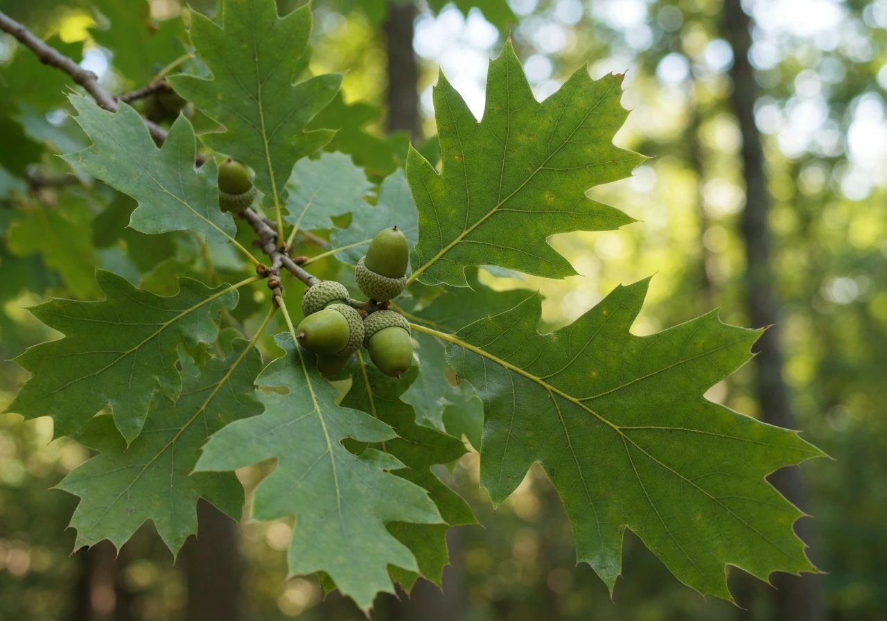 Close-up of northern red oak leaves with bristle-tipped lobes and a small cluster of acorns on branches.