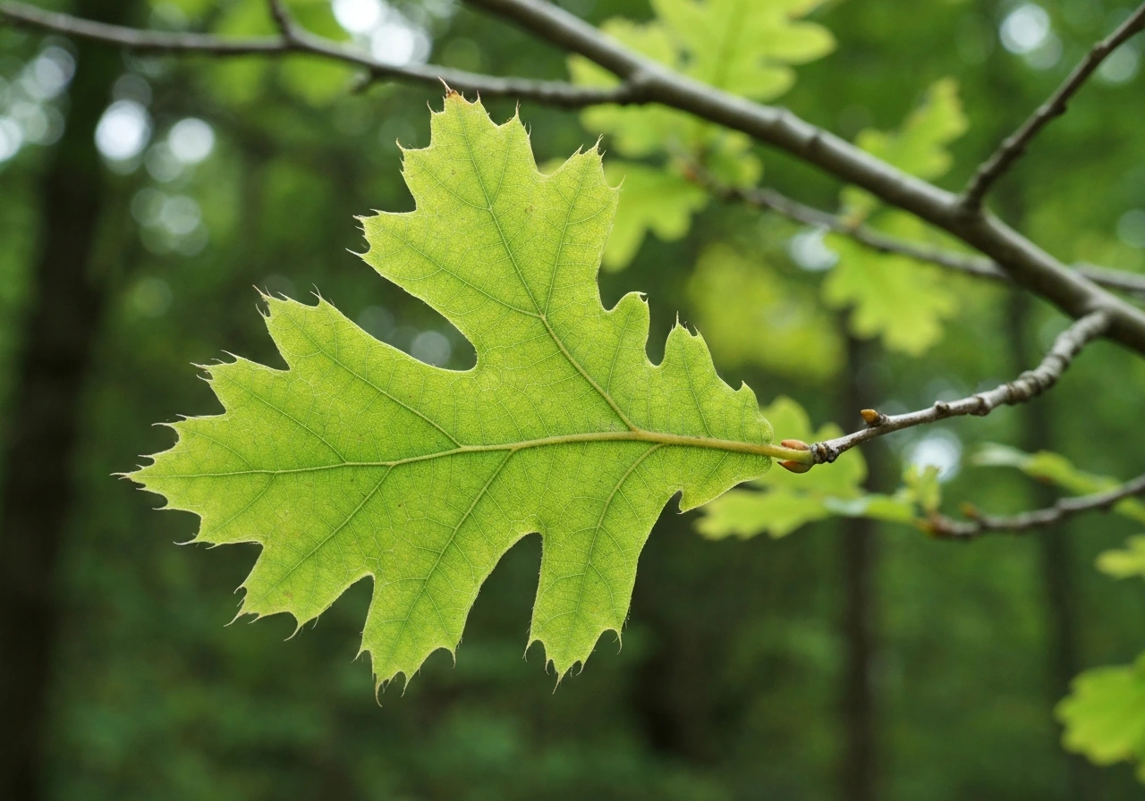 Close-up of an oak leaf with lobed edges and bristle-tipped points on a twig in natural light.