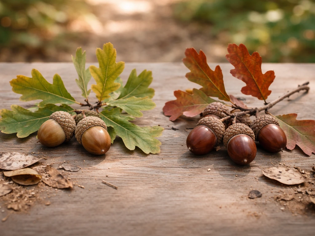 Two oak branches side-by-side showing white-oak-group and red-oak-group acorns in autumn natural light.