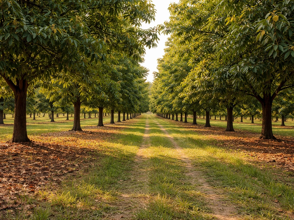 Sunlit chestnut orchard with healthy trees and leaf litter, suggesting chestnuts can grow in South Carolina.