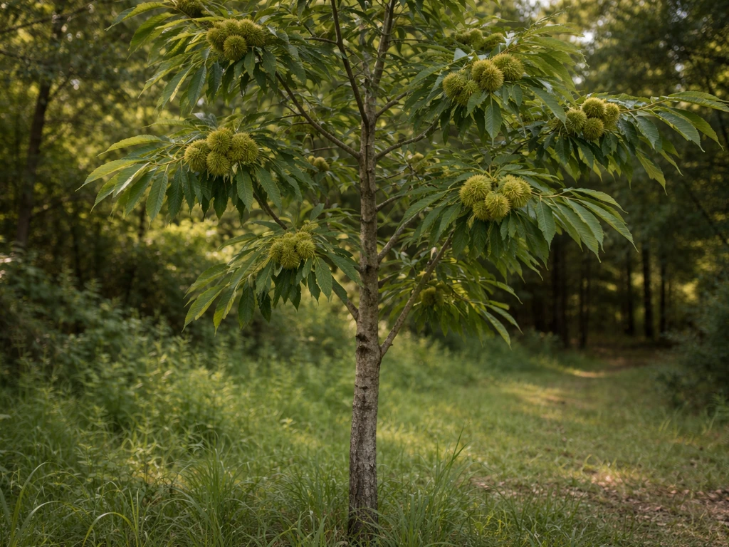 Close-up of a chestnut tree with spiky burrs growing in a quiet South Carolina woodland edge.