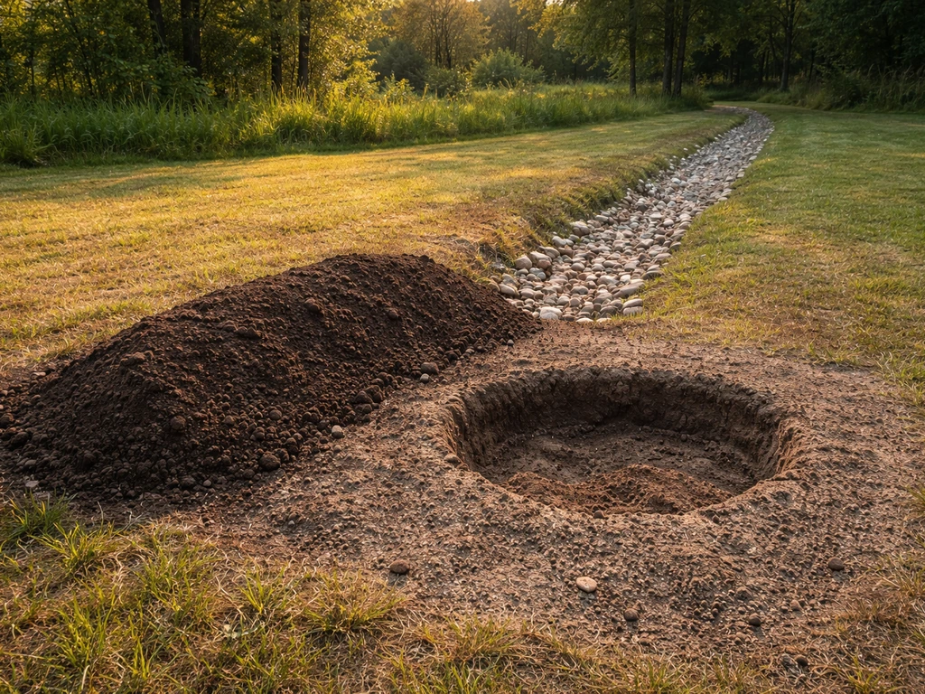 Raised mound bed with controlled drainage and soil prepared for planting chestnut trees, minimal outdoor property scene.
