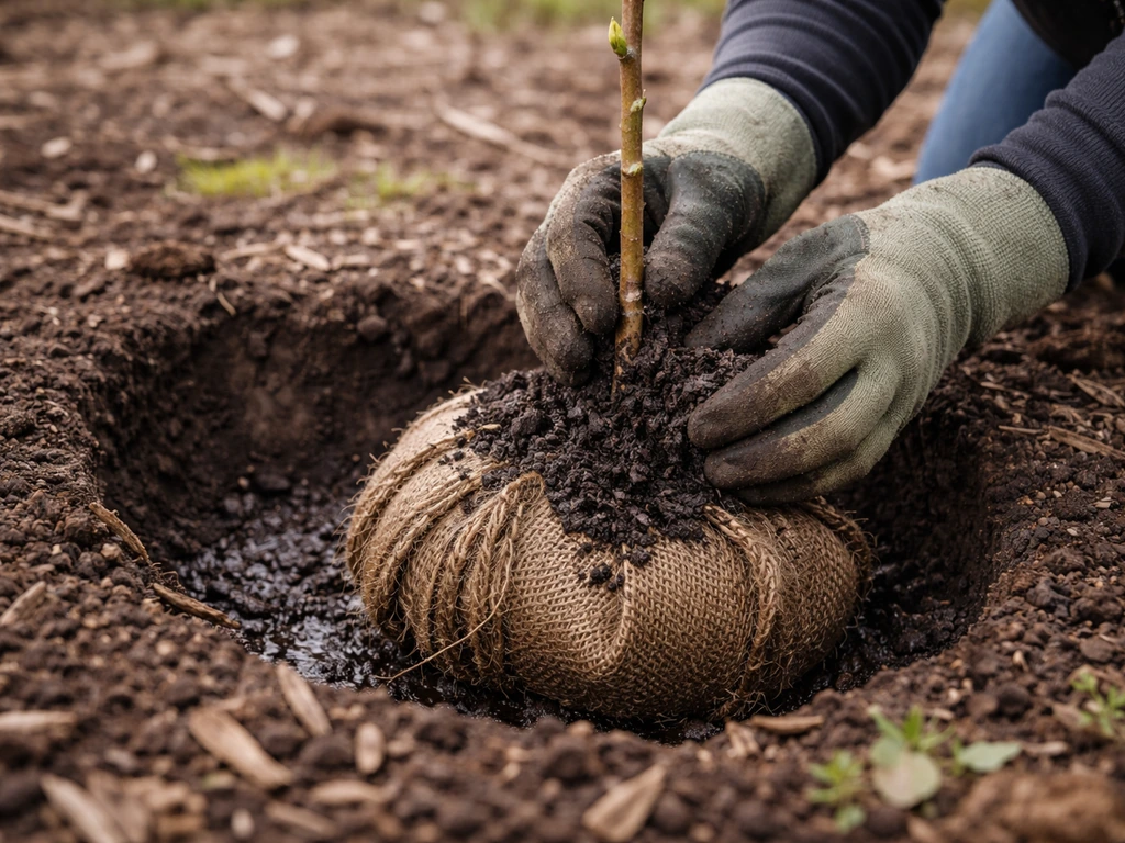 Gloved hands place a bare-root chestnut sapling into a hole with damp roots and soil backfill.