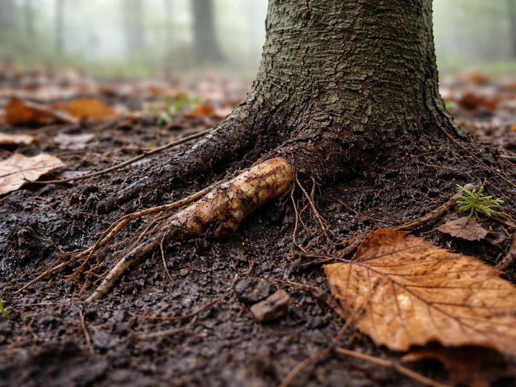 Ground-level view of chestnut roots in damp soil with subtle brown discoloration suggesting root rot risk.