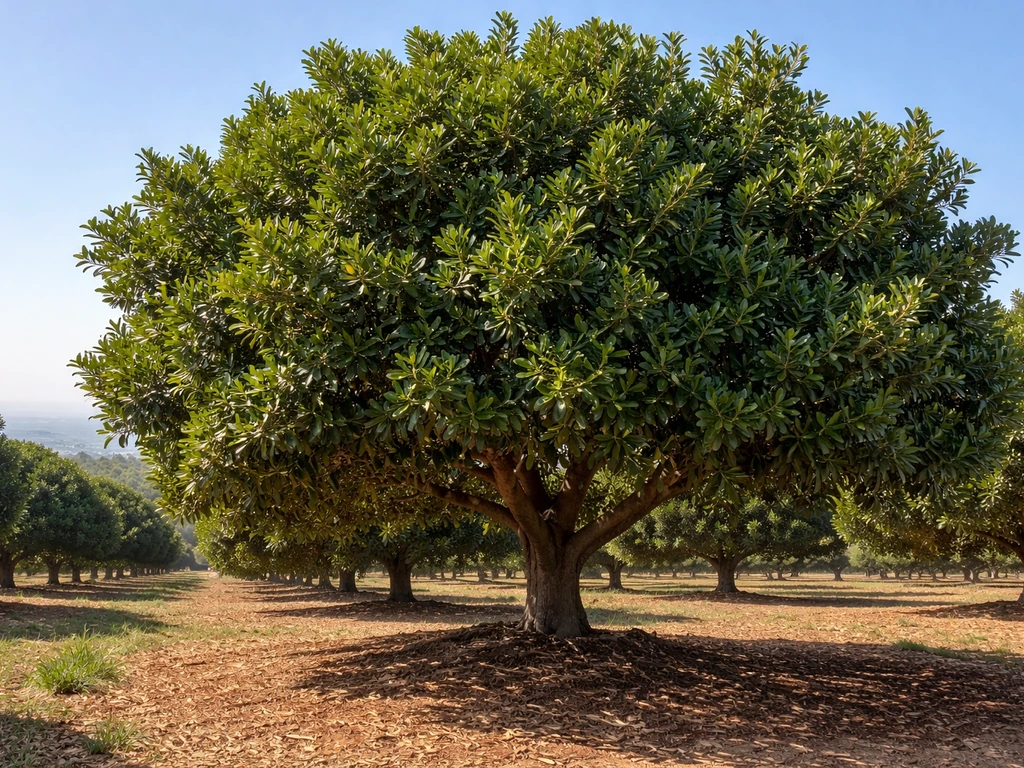 Sunlit macadamia tree canopy in a coastal Southern California orchard with ocean haze in the distance.