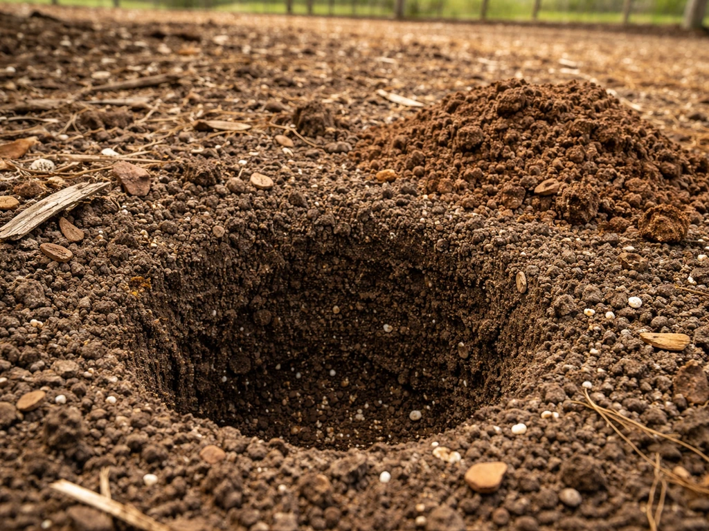 Close-up of an open macadamia planting hole with amended, well-drained soil texture visible