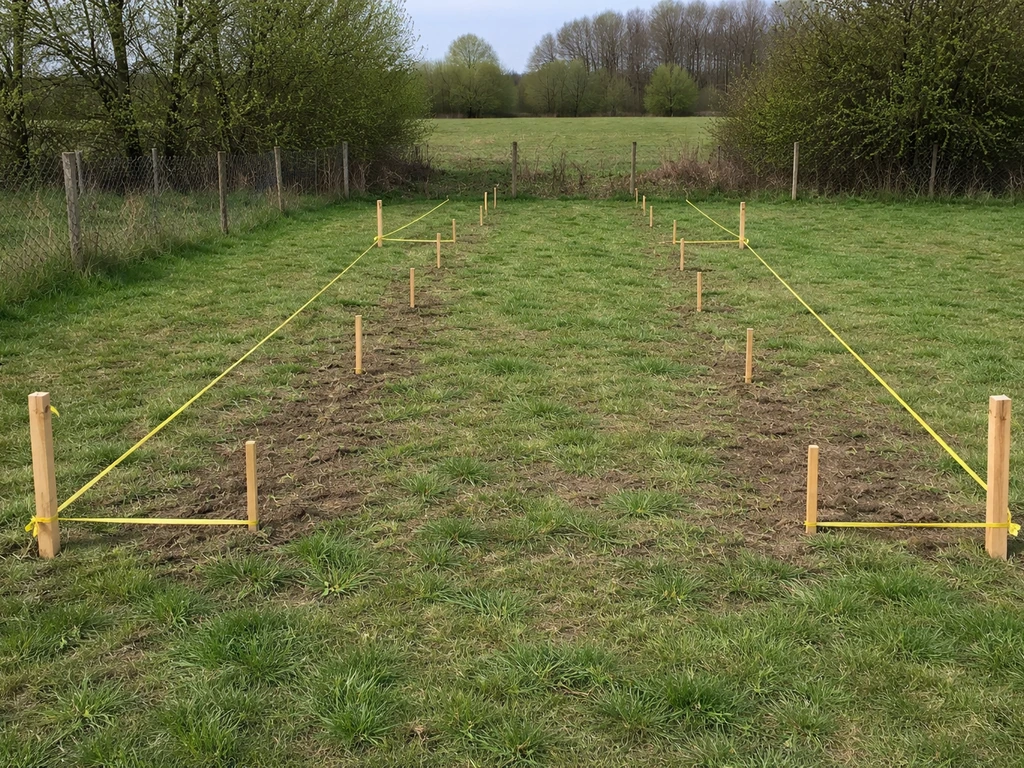 Minimal orchard layout marked with stakes and tape lines showing row and tree spacing on bare ground.