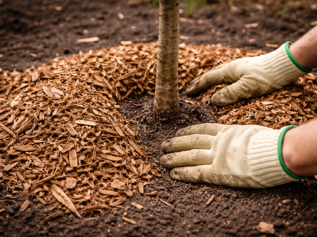Gloved hands spread a 3–4 inch layer of wood-chip mulch around a young tree’s roots, leaving trunk clear.