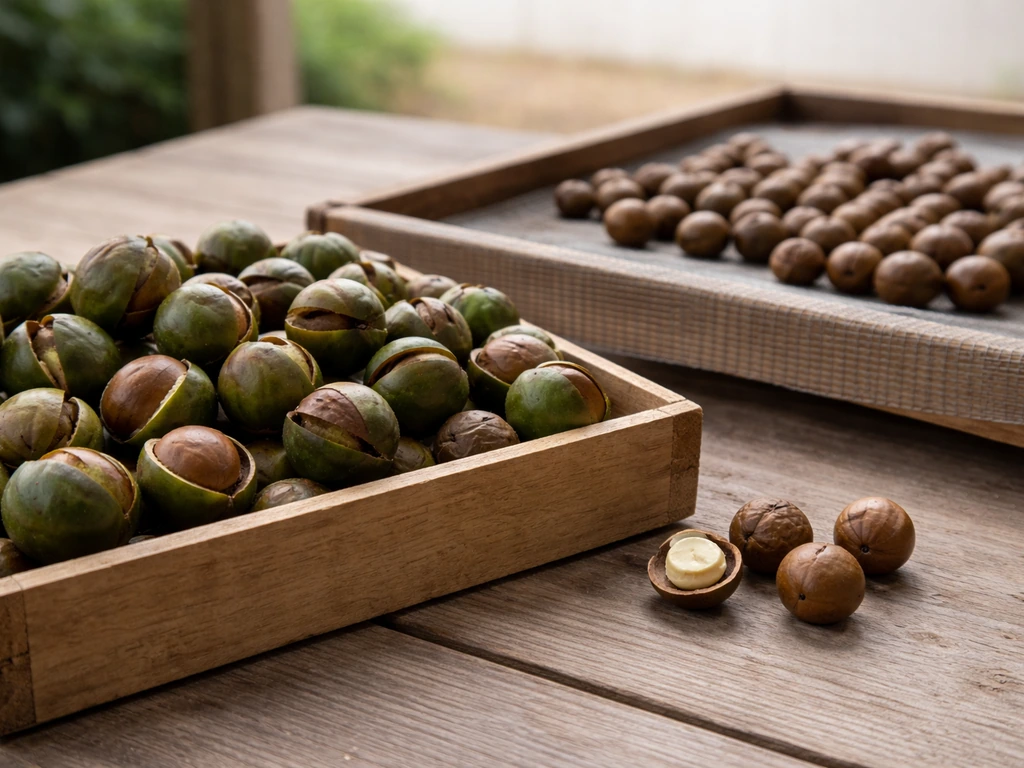 Fresh macadamia nuts in green husks drying on a simple rack in a clean outdoor setup.