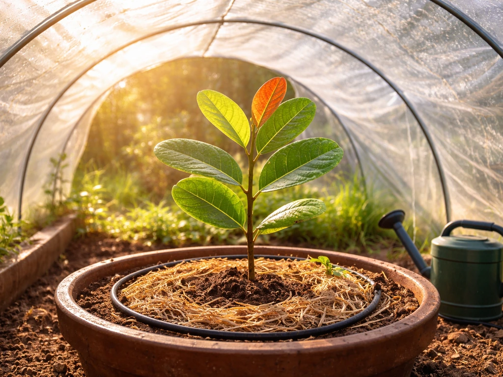 Cashew sapling thriving in a tropical setting with protection from cold