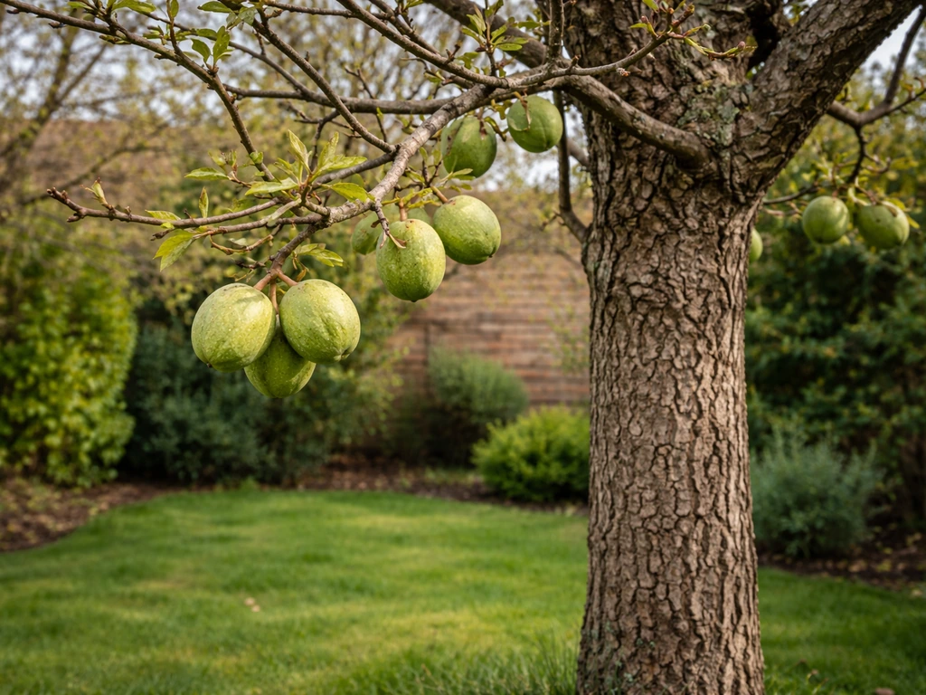 Mature walnut tree in a UK garden with walnut husks and dormant branches suggesting seasonal growth
