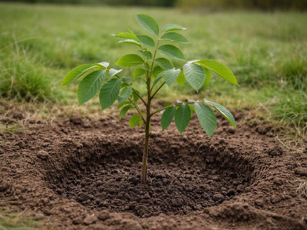 Walnut sapling in well-prepared UK garden soil with close-up leaves showing planting depth conditions.