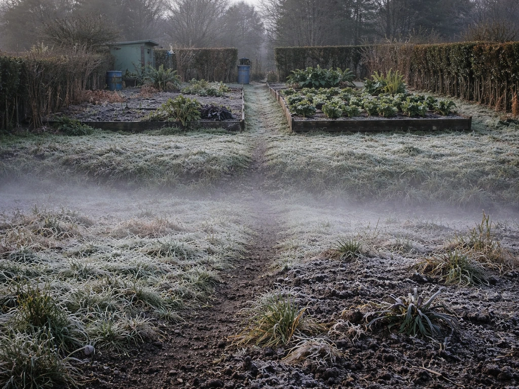 Foggy, frost-covered low garden ground contrasted with a clearer, sheltered raised bed