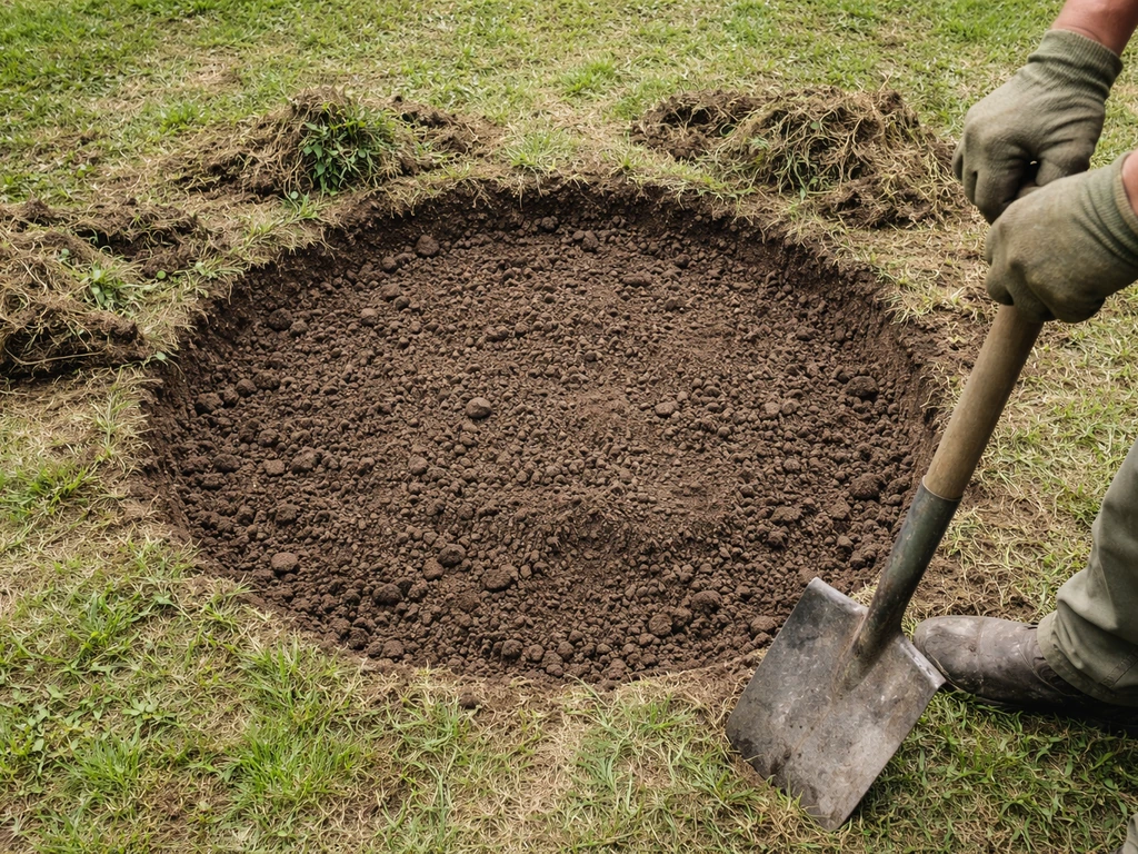 Cleared circular planting area with weeds removed and soil loosened by a spade, ready for a walnut tree.
