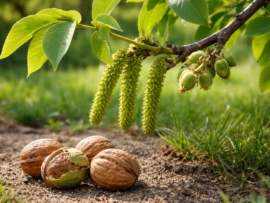 Close-up of walnut male catkins releasing pollen and small developing female nutlets, with harvested walnuts nearby
