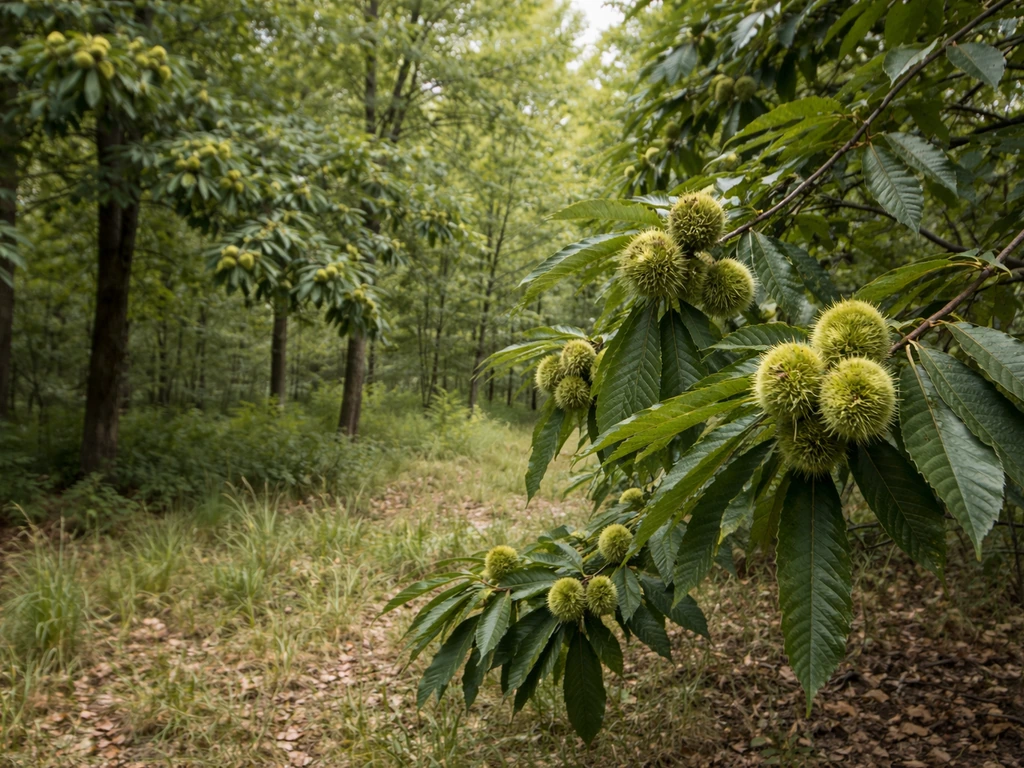 Chestnut trees with green leaves and hanging nuts along a quiet woodland edge in Illinois-like landscape.