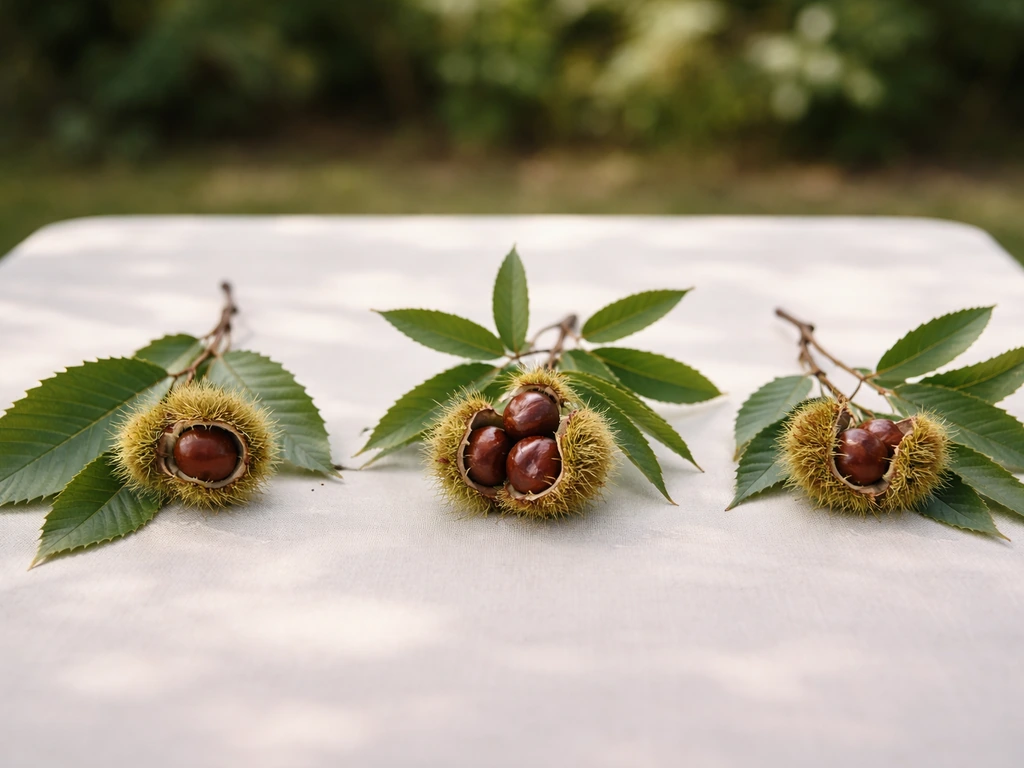 Three chestnut branch-and-nut groups showing distinct leaves and burrs on a simple table.