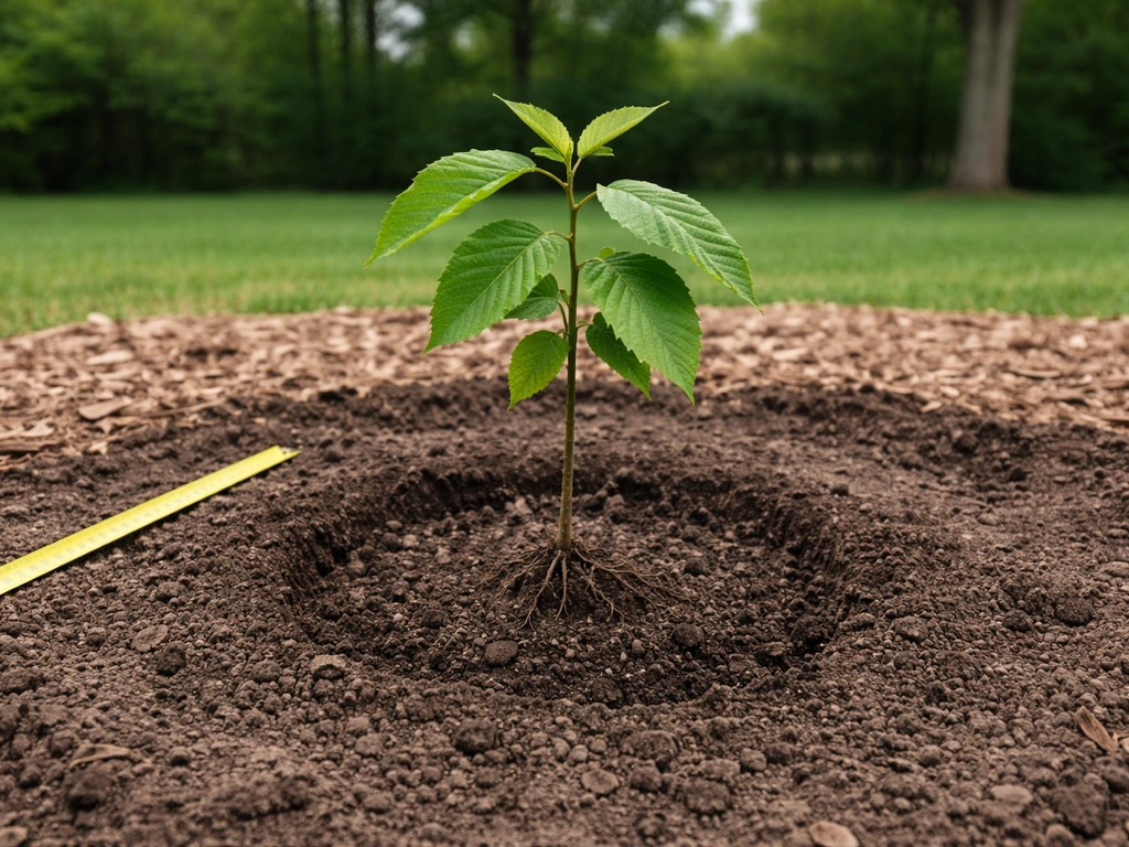 Young chestnut sapling planted at correct depth in a prepared hole with soil contact and spacing guides.