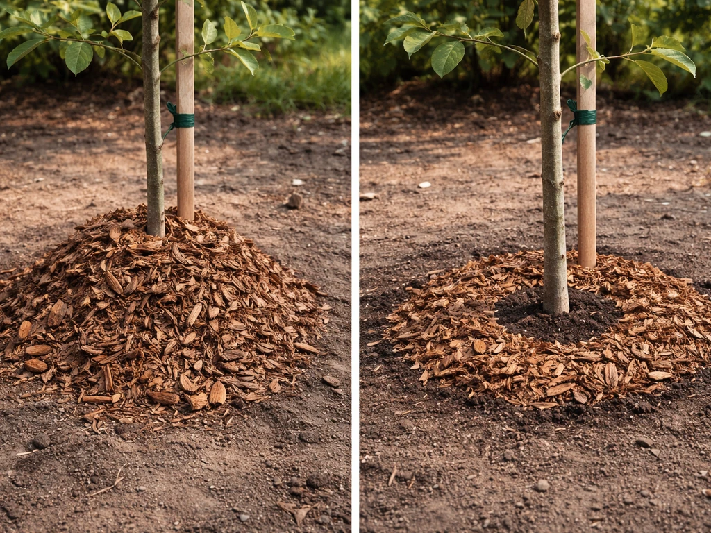 Close-up of a young tree with mulch piled against the trunk beside another with a proper mulch ring
