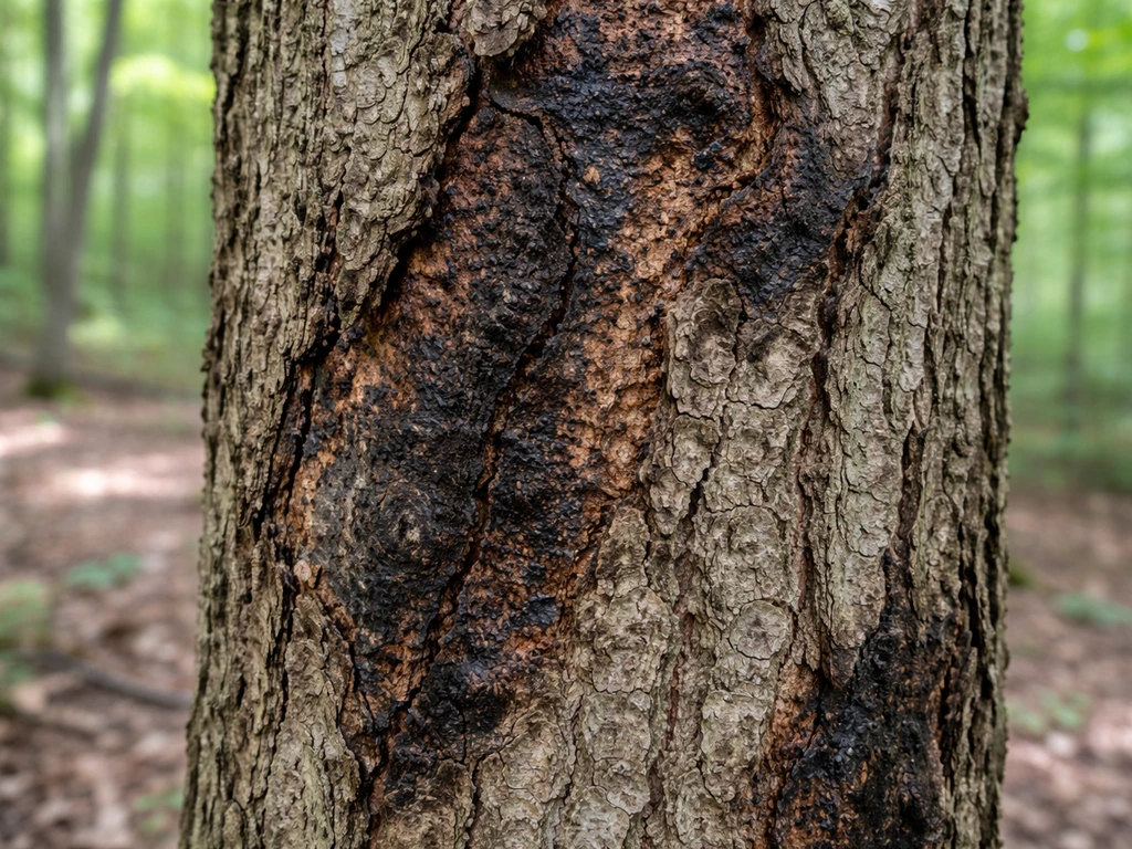Close-up of American chestnut bark showing dark cankers and lesions from chestnut blight fungus