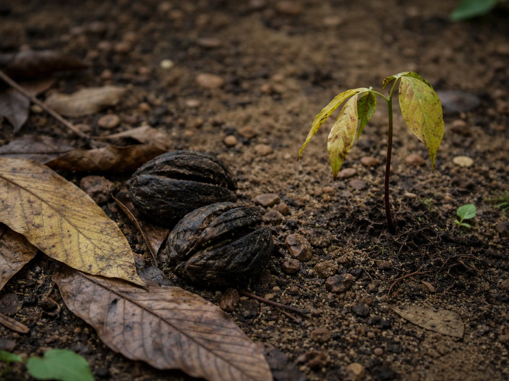 Black walnut leaf litter and husks on soil beside a small withering plant in soft natural light.