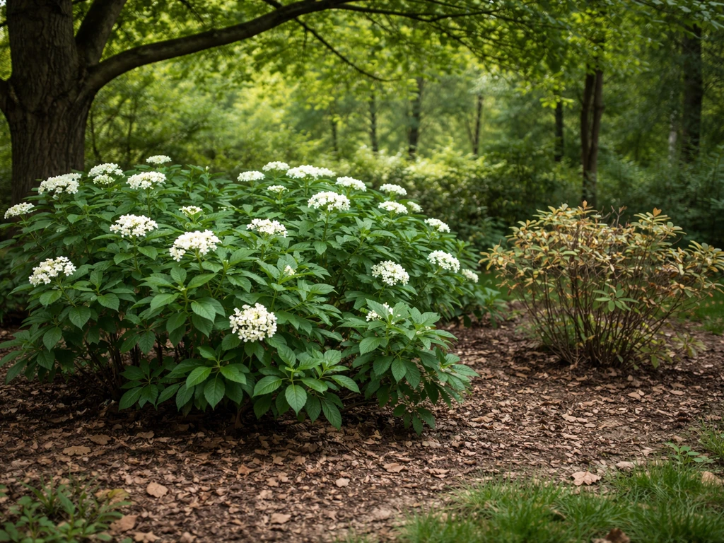 Juglone-tolerant viburnum and other understory plants thriving beneath a walnut tree canopy