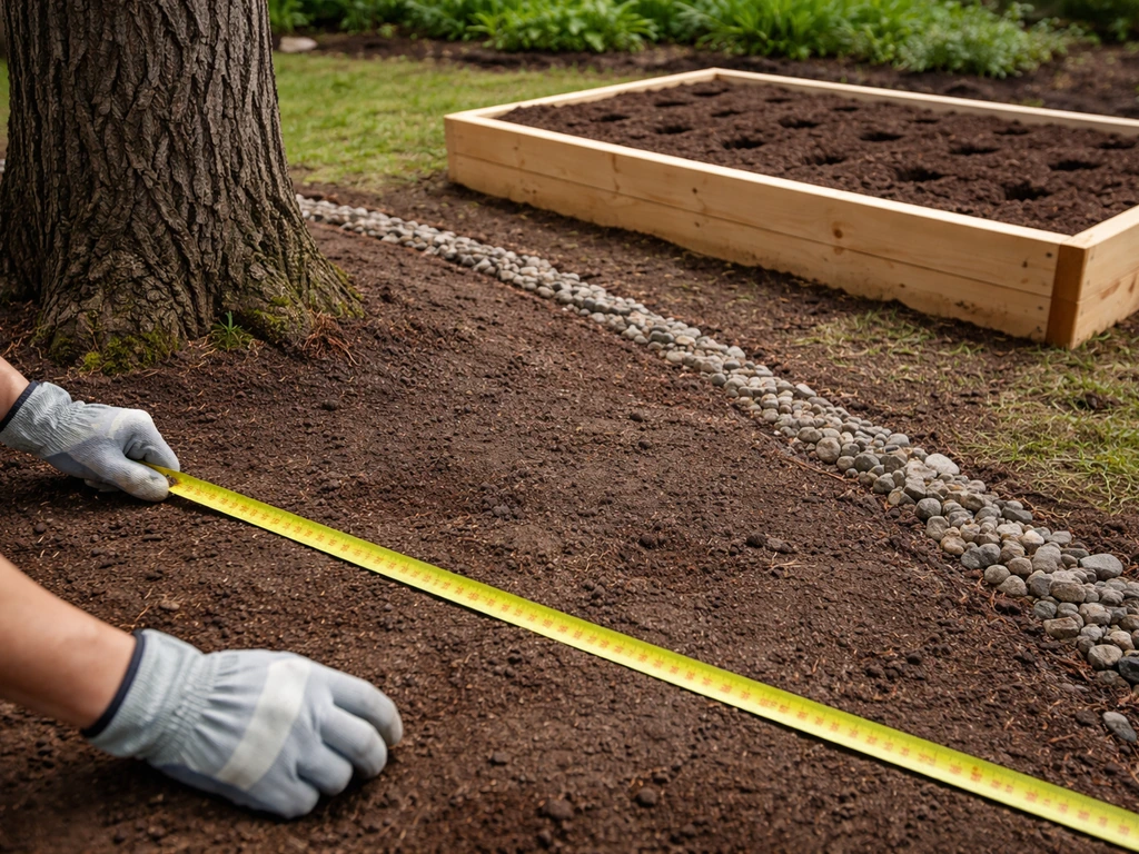 Gloved hands measuring a drip line and placing a raised bed outside the tree’s root zone for better drainage.