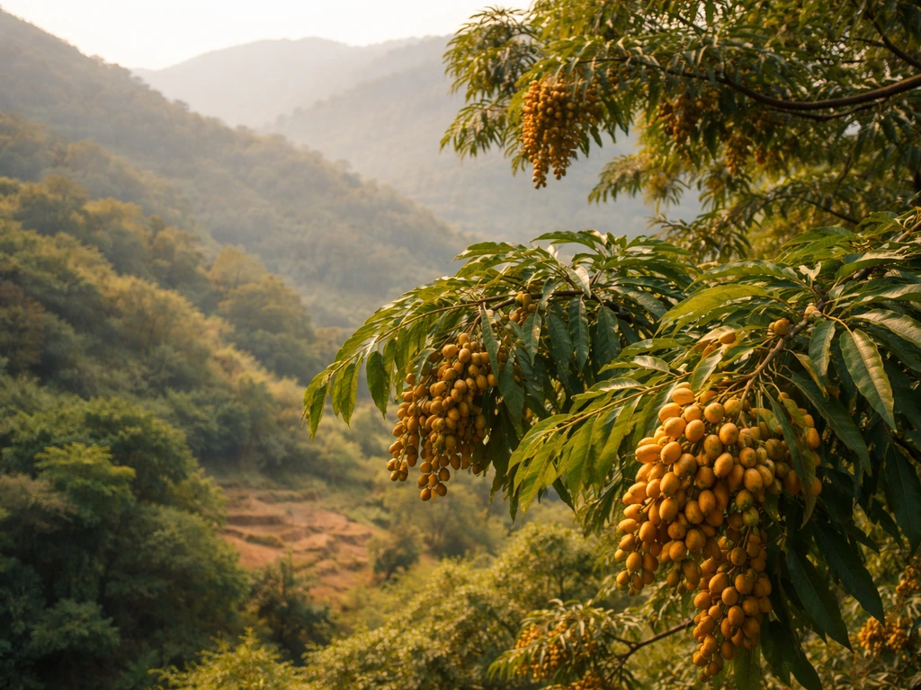 Soap nut trees with ripe fruits in a lush subtropical foothill landscape under warm sunlight.