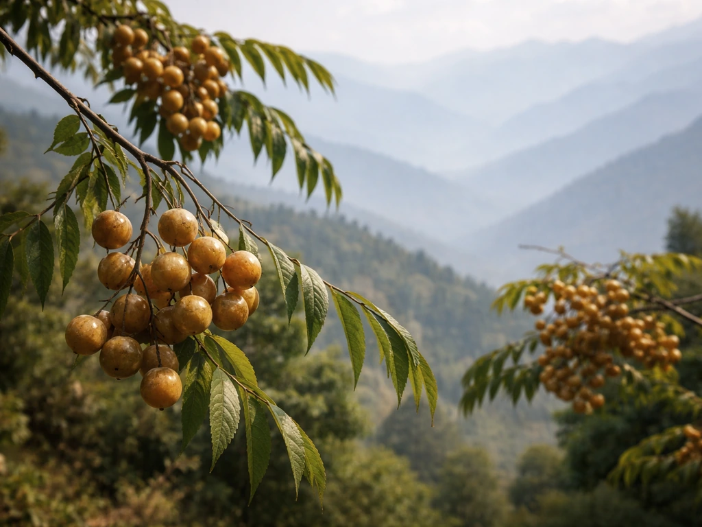 Soap nut tree branches with small fruits, Himalayas-style landscape backdrop, suggesting native range across South Asia