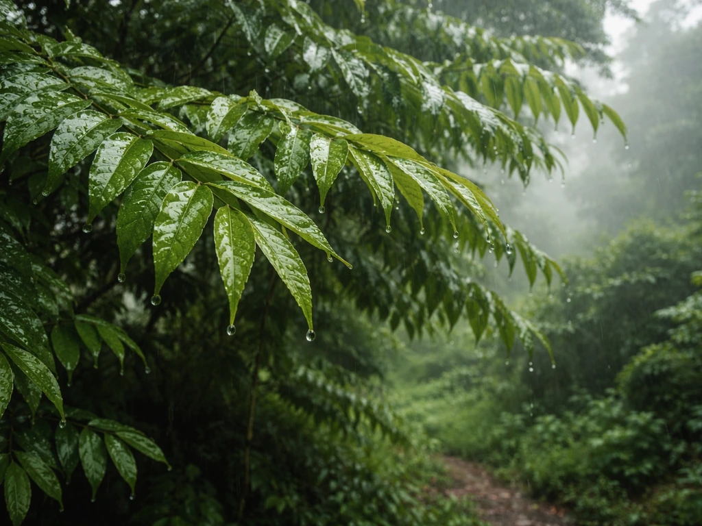 Soap nut tree leaves dripping with rain in a misty, humid monsoon forest understory.