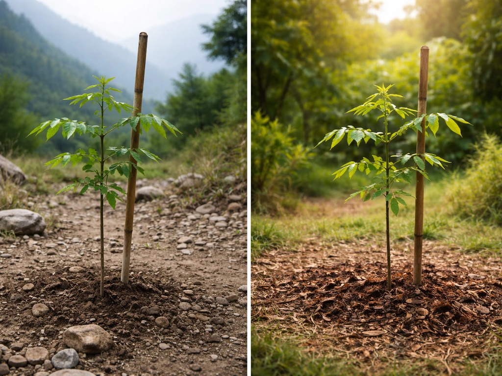 Two small sapindus soap nut trees in separate climate-appropriate garden beds under natural light.