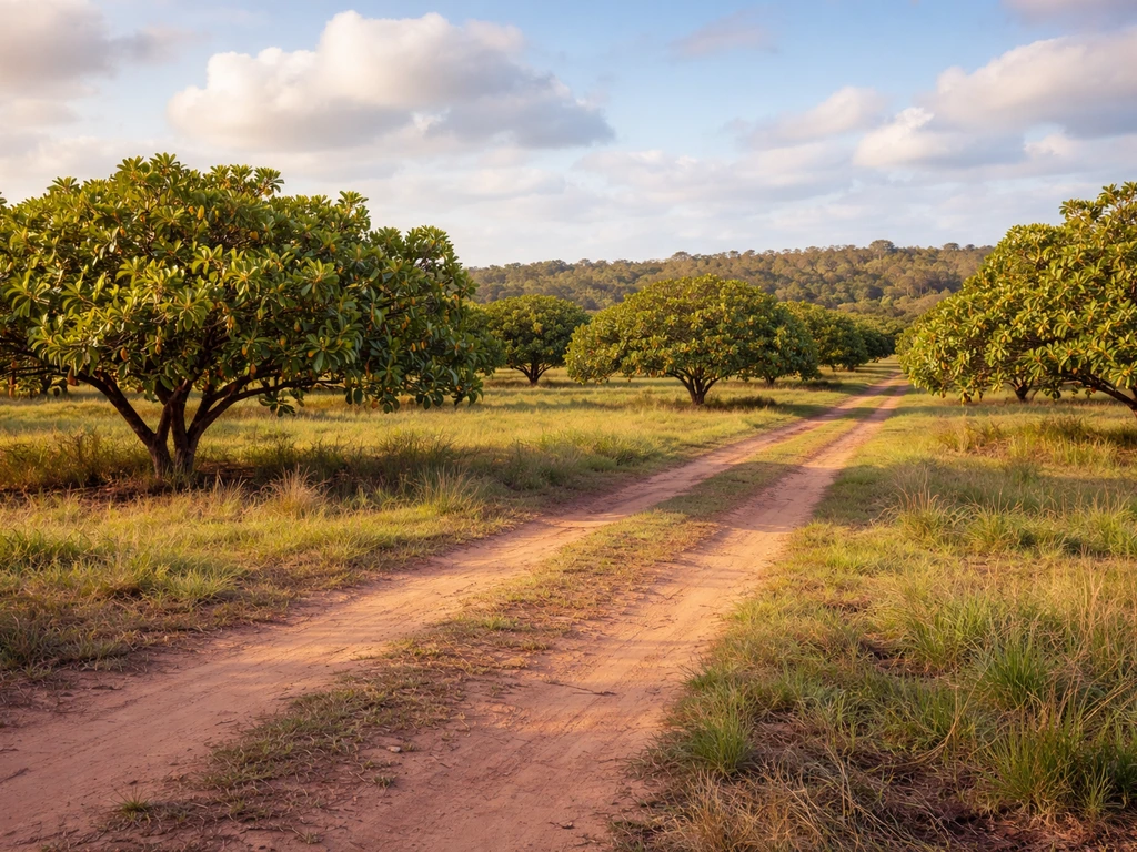 Frost-free tropical Australian landscape with cashew trees in the background, hinting where cashews grow.